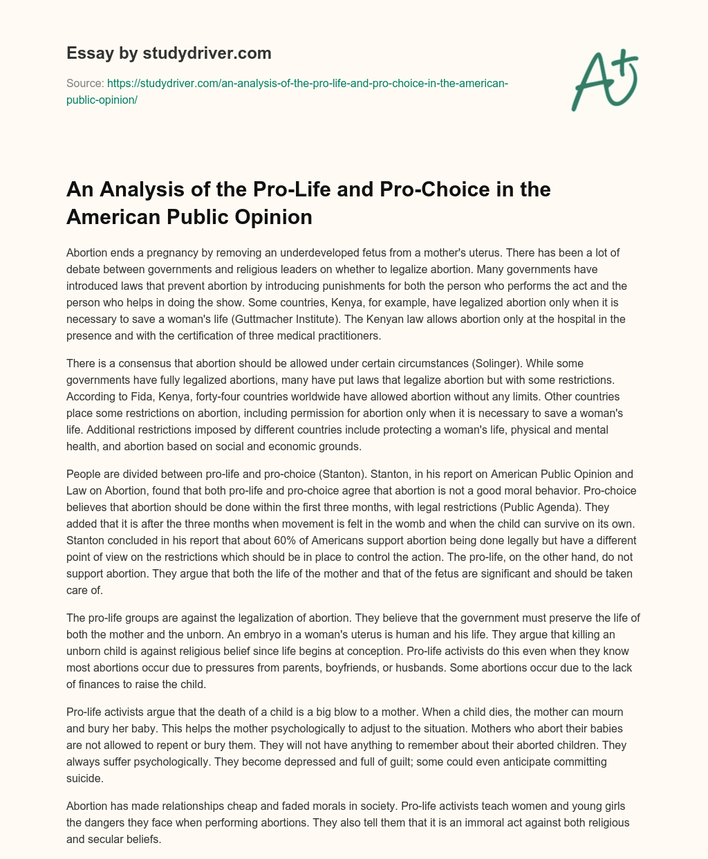 An Analysis of the Pro-Life and Pro-Choice in the American Public Opinion essay