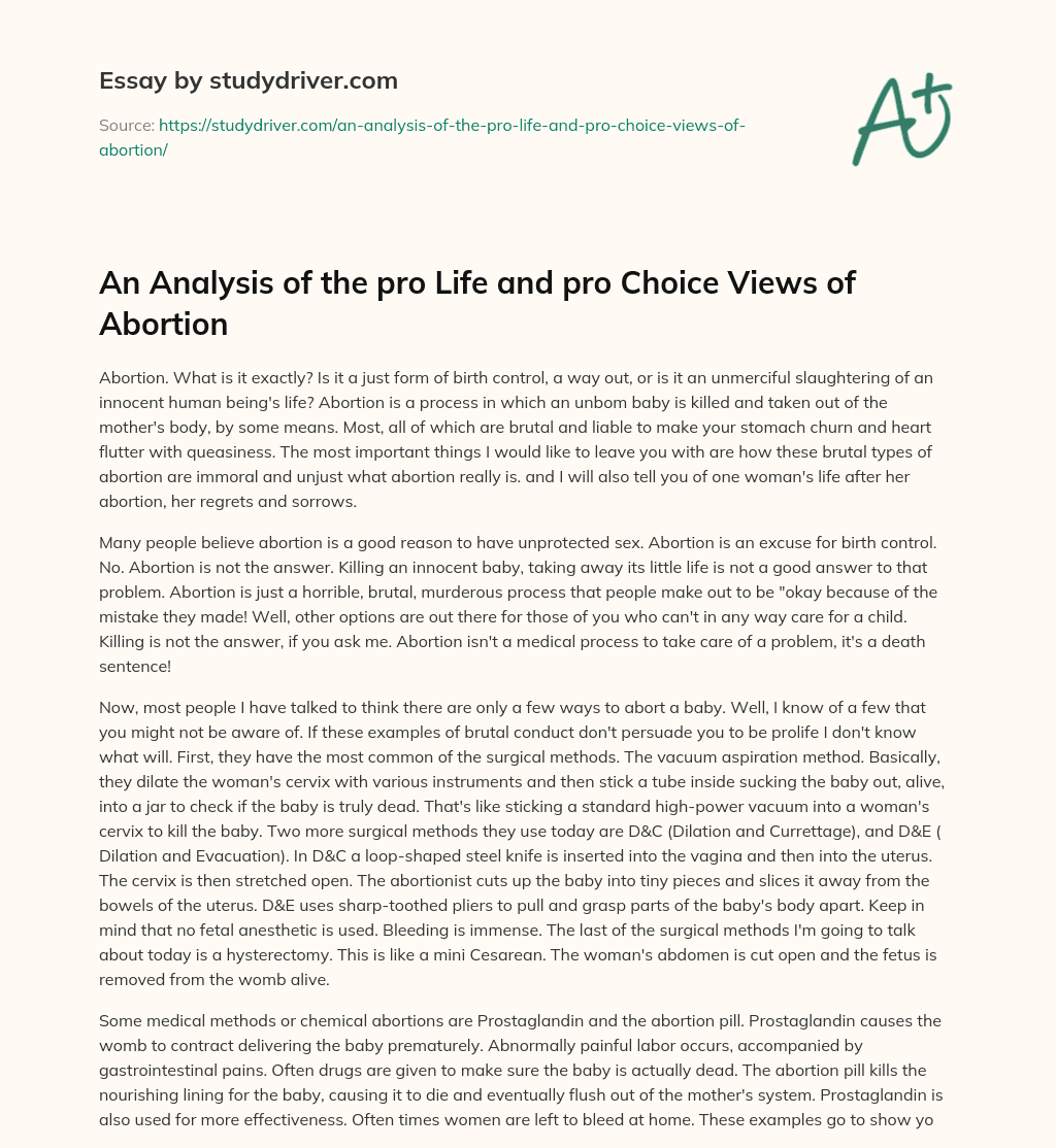 An Analysis of the Pro Life and Pro Choice Views of Abortion essay