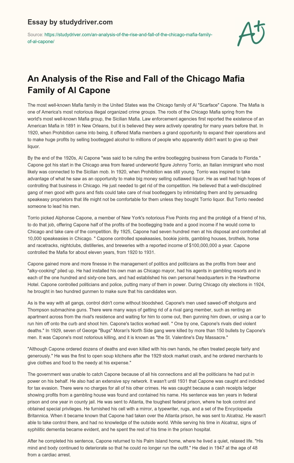 An Analysis of the Rise and Fall of the Chicago Mafia Family of Al Capone essay