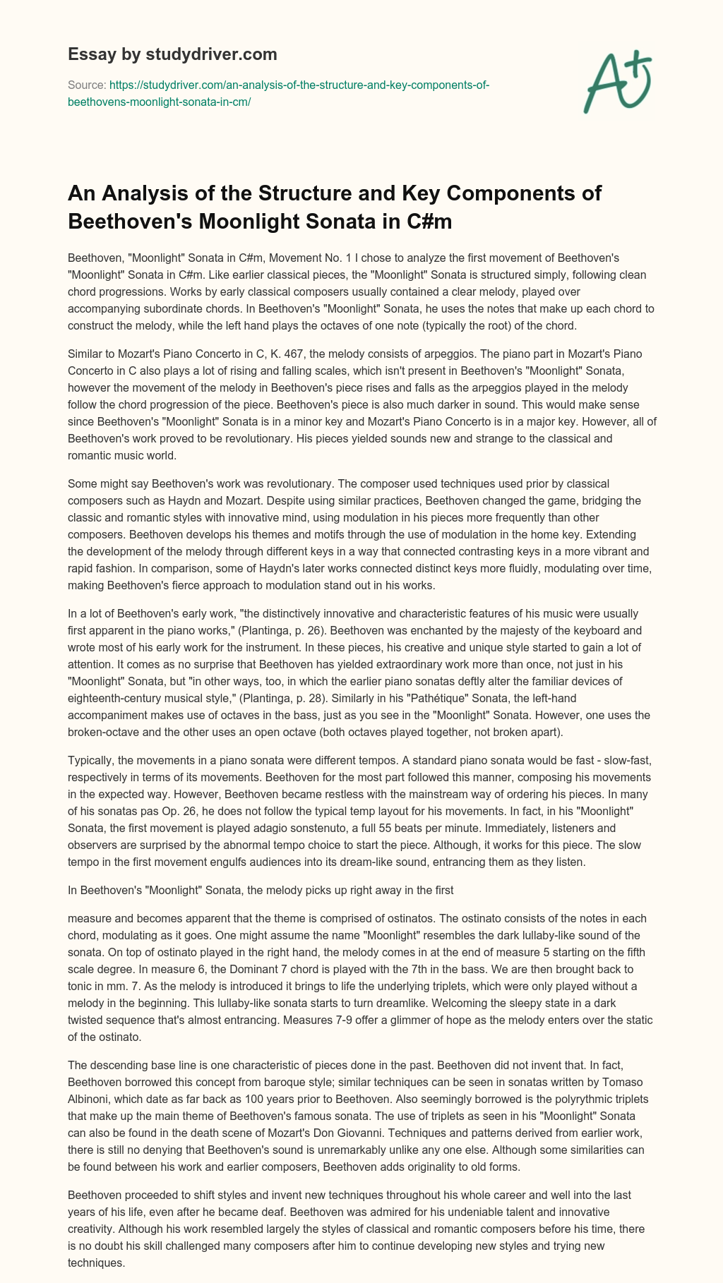 An Analysis of the Structure and Key Components of Beethoven’s Moonlight Sonata in C#m essay
