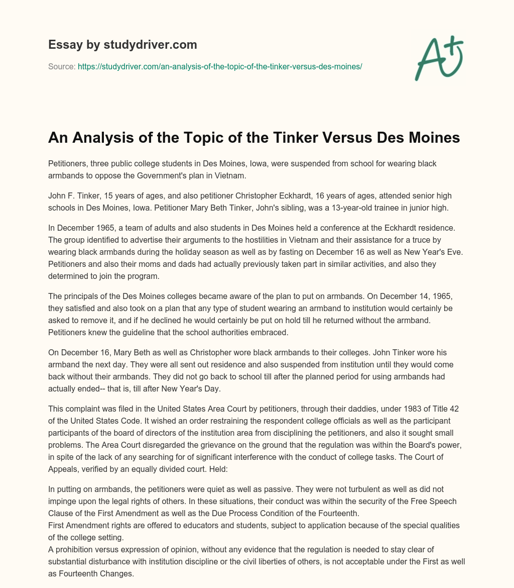 An Analysis of the Topic of the Tinker Versus Des Moines essay