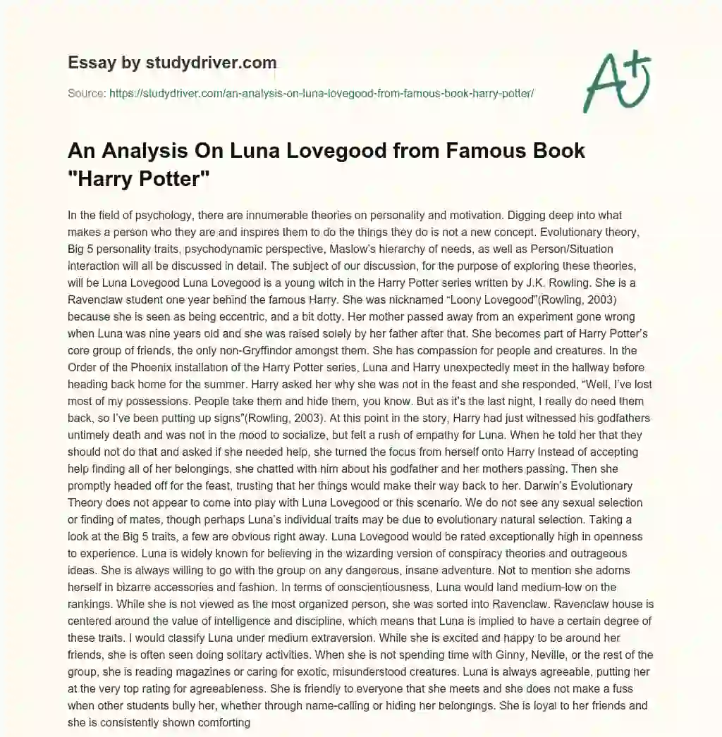 An Analysis on Luna Lovegood from Famous Book “Harry Potter” essay