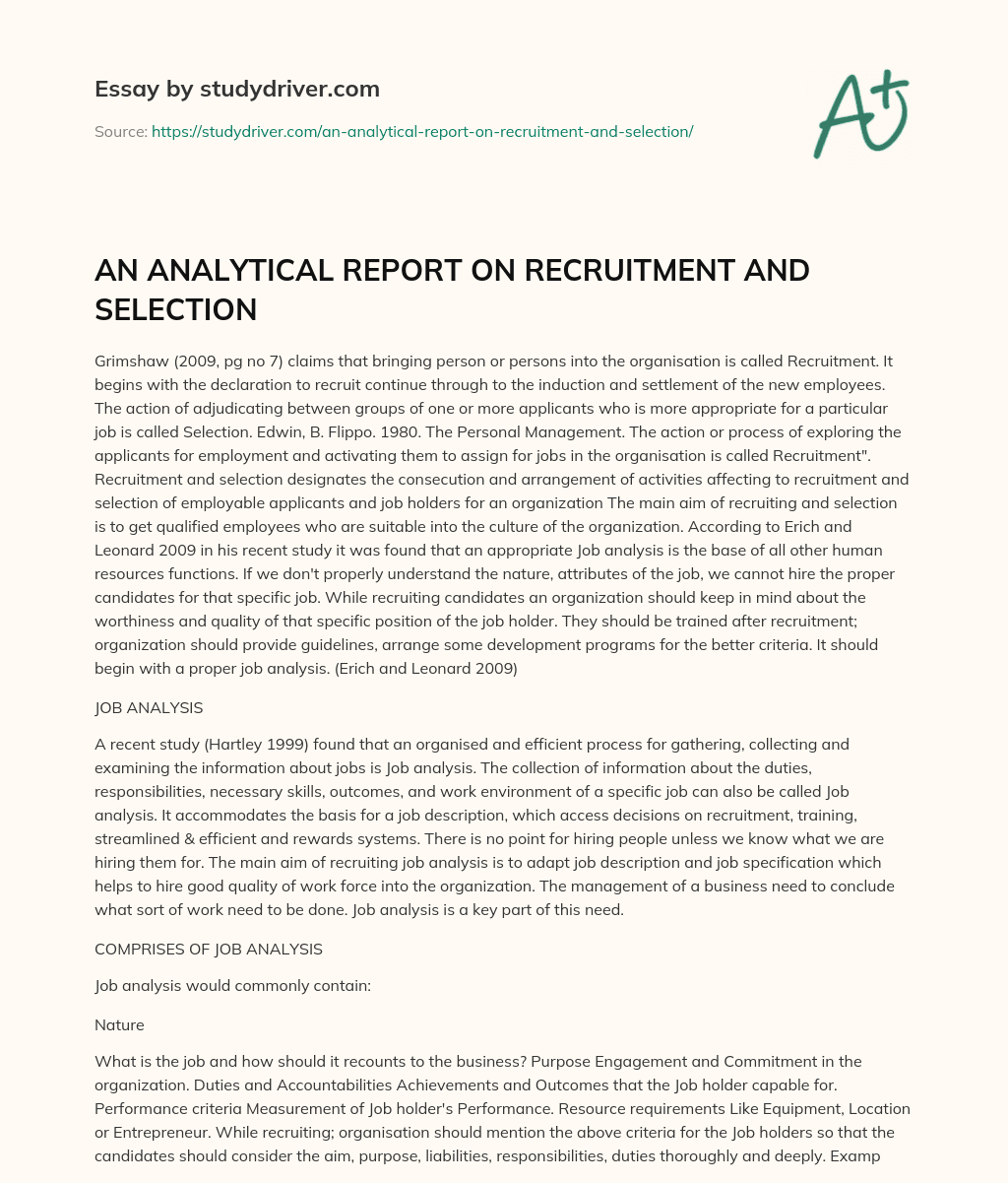 AN ANALYTICAL REPORT on RECRUITMENT and SELECTION essay