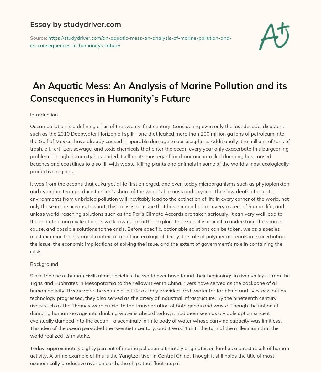  An Aquatic Mess: an Analysis of Marine Pollution and its Consequences in Humanity’s Future  essay