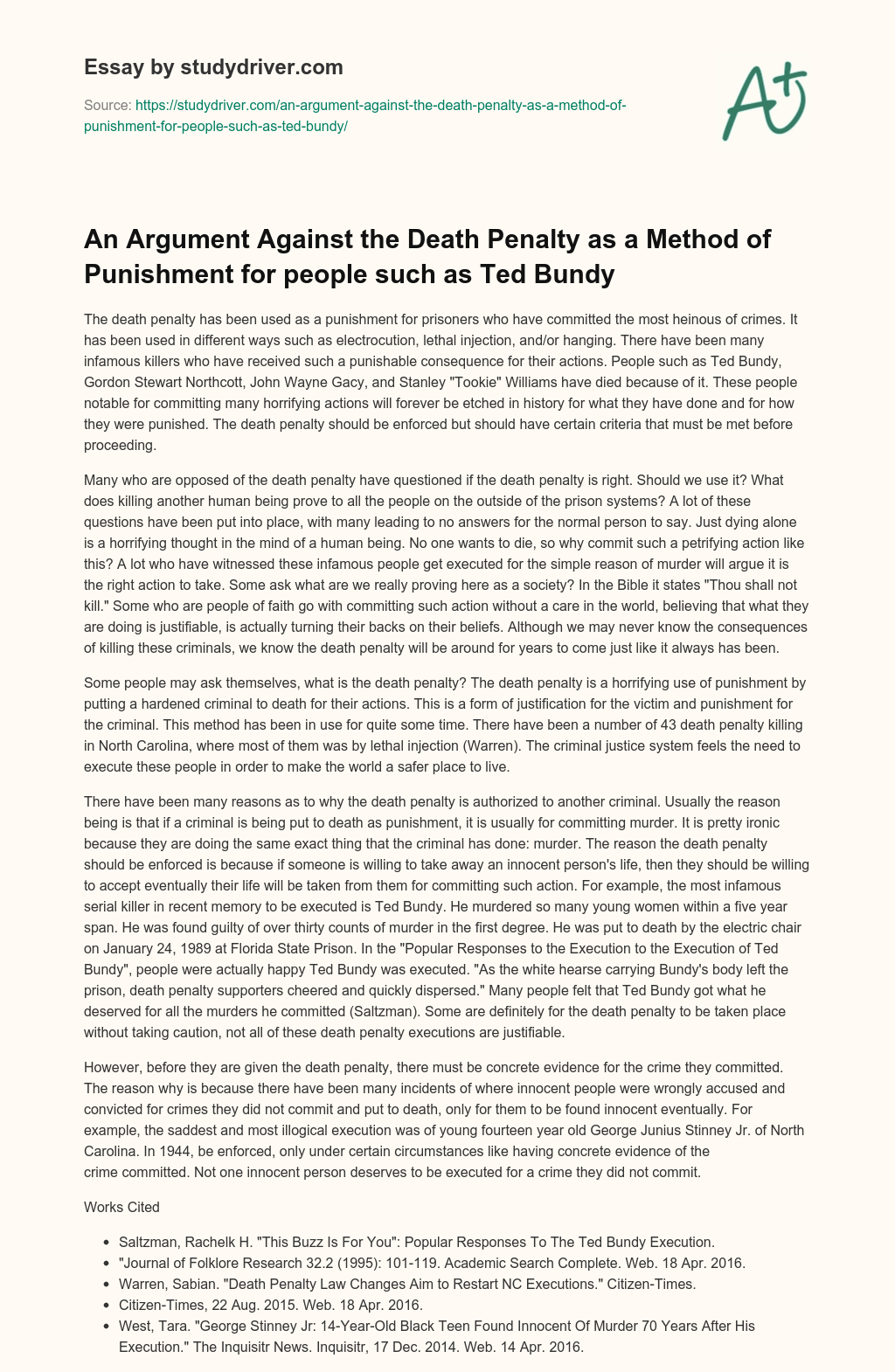 An Argument against the Death Penalty as a Method of Punishment for People such as Ted Bundy essay