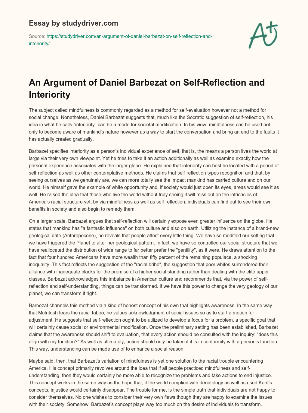 An Argument of Daniel Barbezat on Self-Reflection and Interiority essay