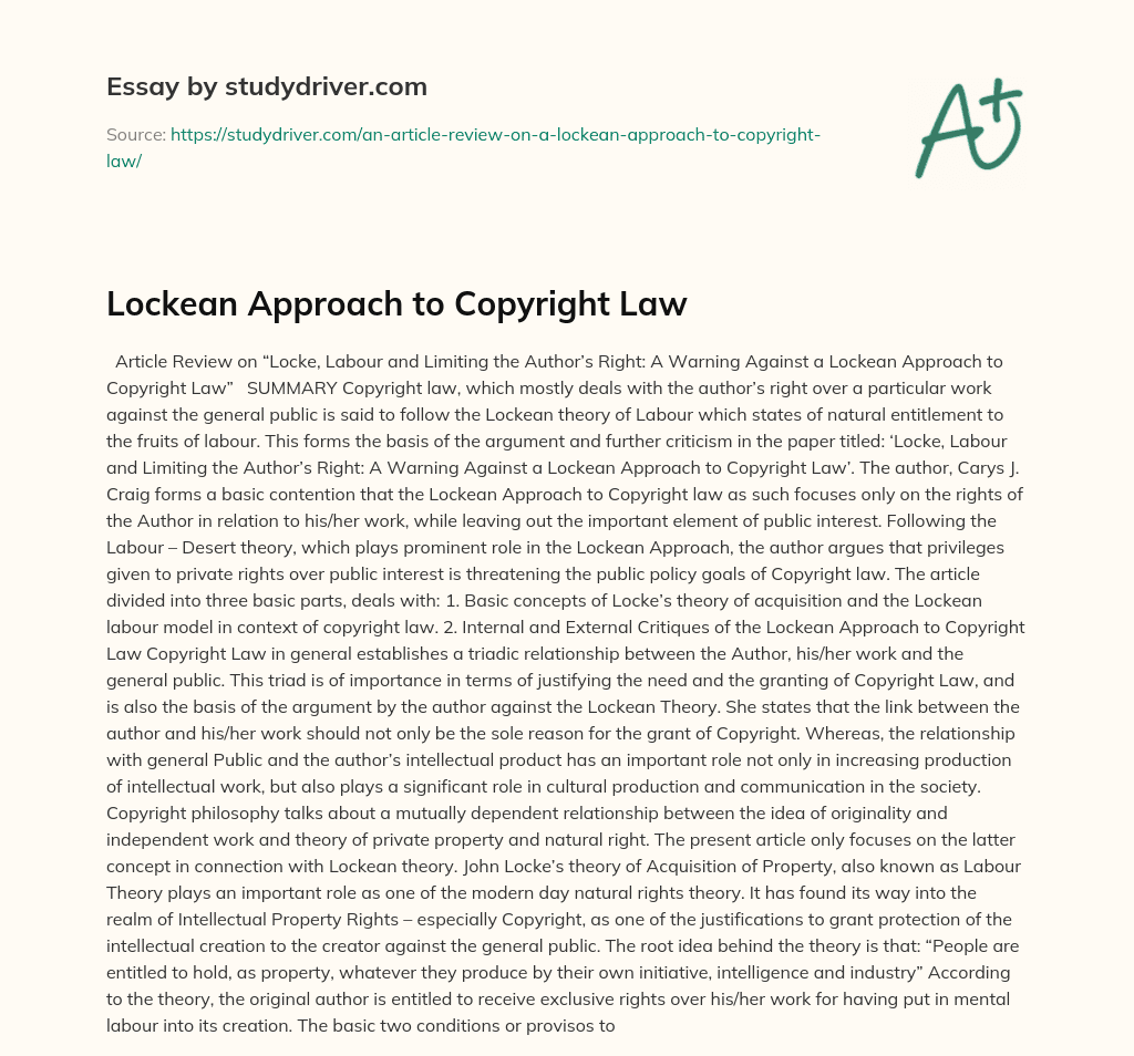 Lockean Approach to Copyright Law essay