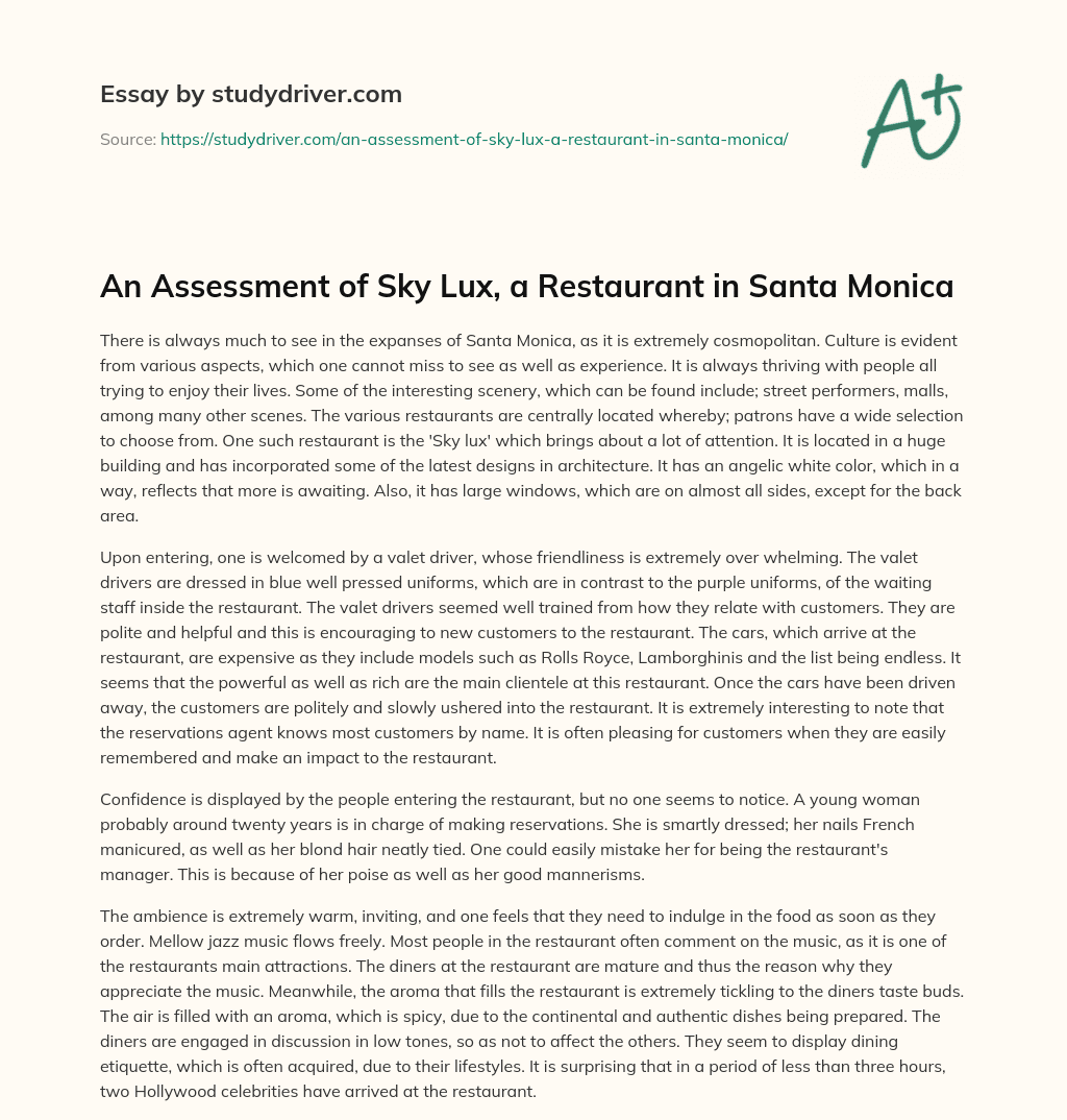 An Assessment of Sky Lux, a Restaurant in Santa Monica essay