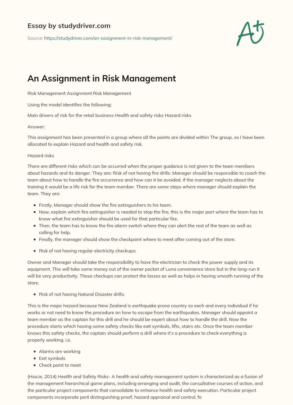 An Assignment in Risk Management essay