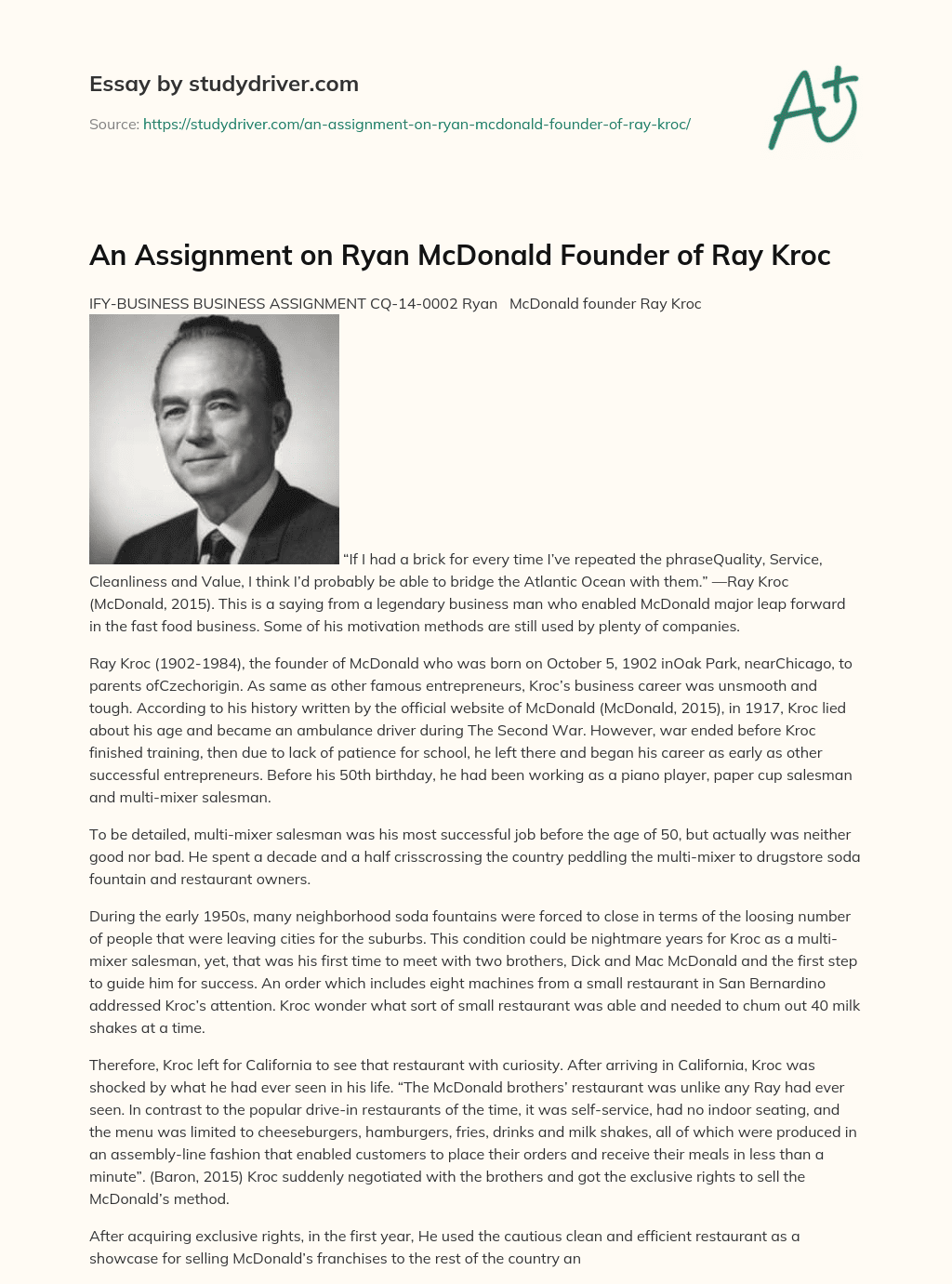An Assignment on Ryan McDonald Founder of Ray Kroc essay