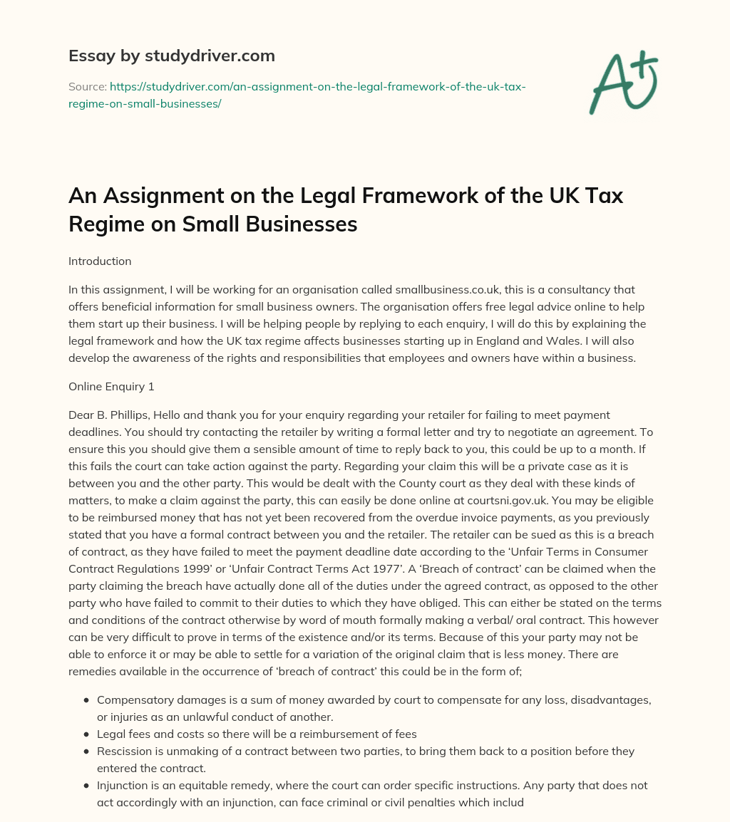 An Assignment on the Legal Framework of the UK Tax Regime on Small Businesses essay