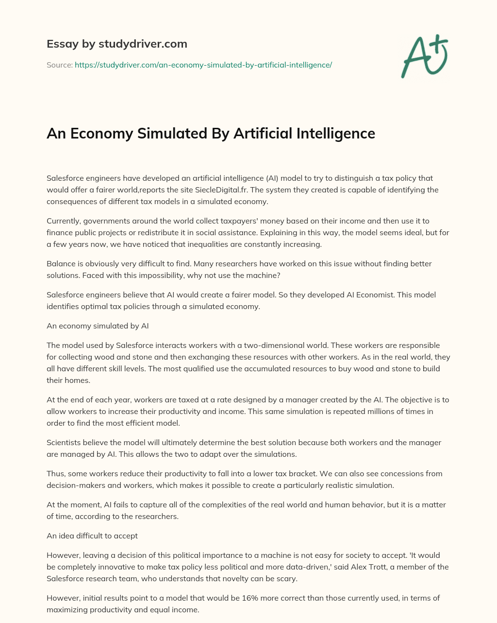 An Economy Simulated by Artificial Intelligence essay