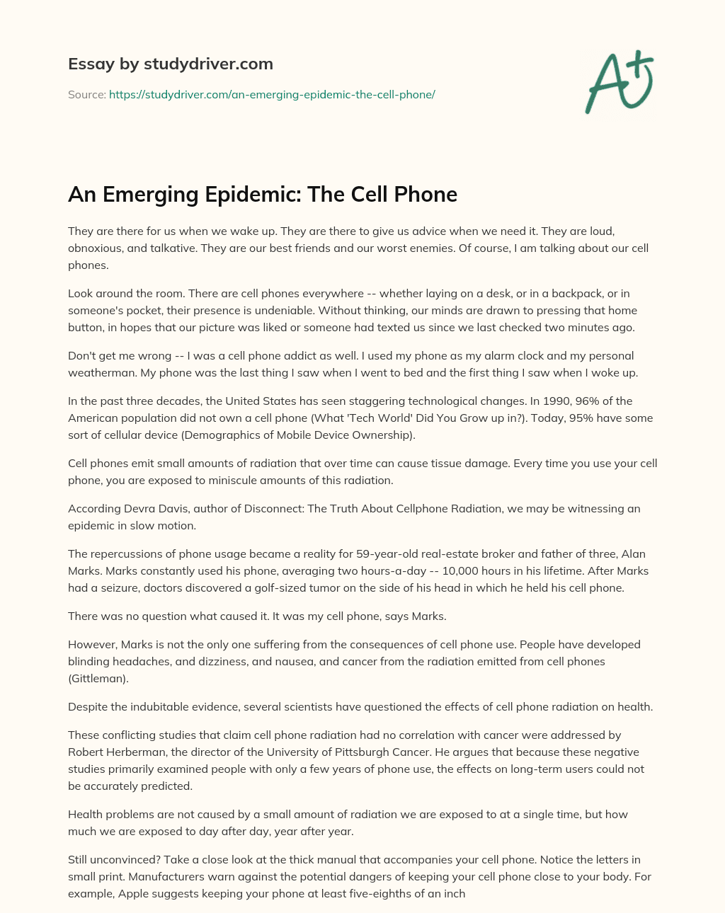 An Emerging Epidemic: the Cell Phone essay