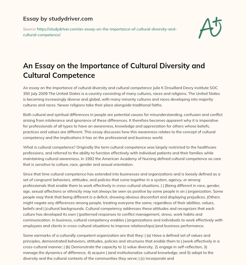 An Essay on the Importance of Cultural Diversity and Cultural Competence essay