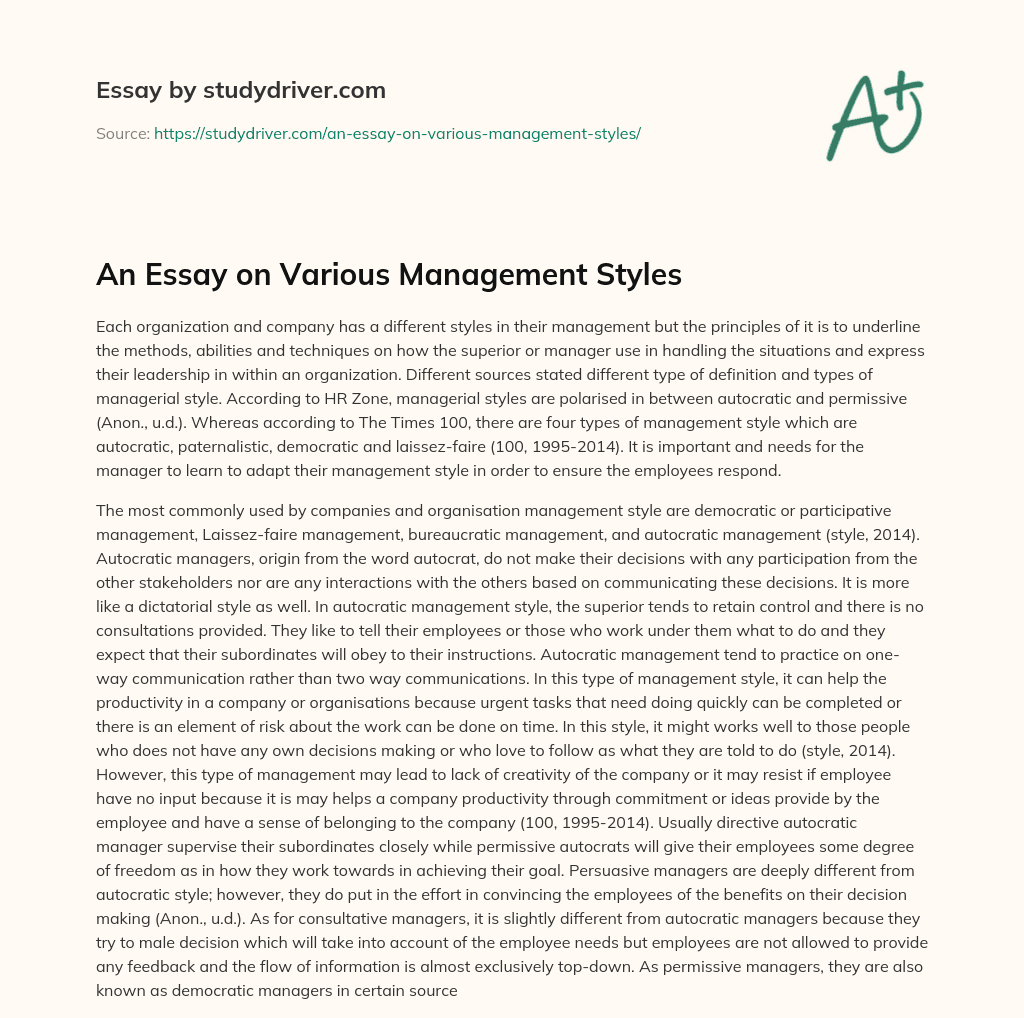An Essay on Various Management Styles essay