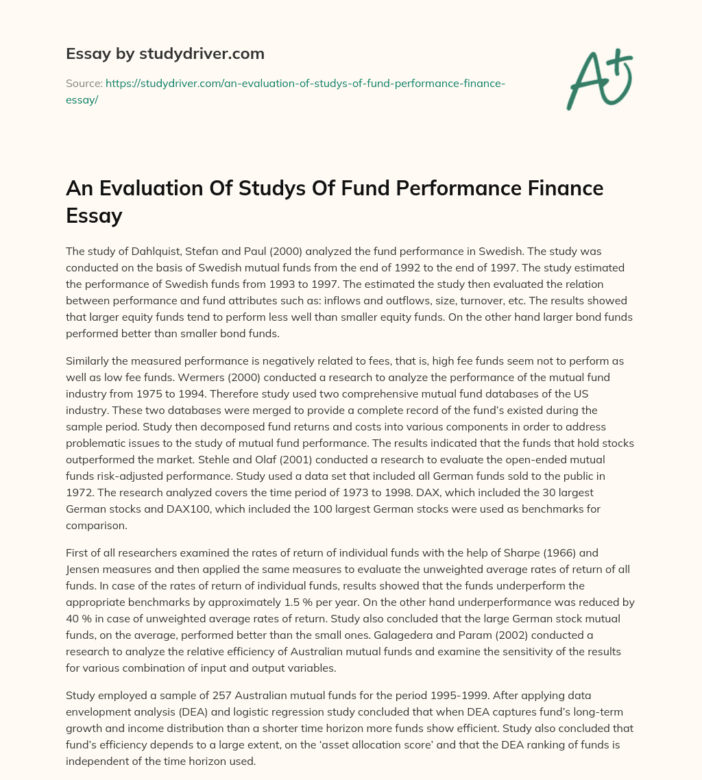 An Evaluation of Studys of Fund Performance Finance Essay essay