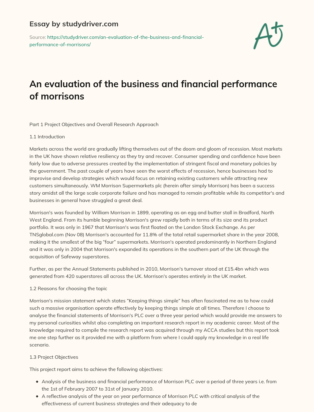 An Evaluation of the Business and Financial Performance of Morrisons essay