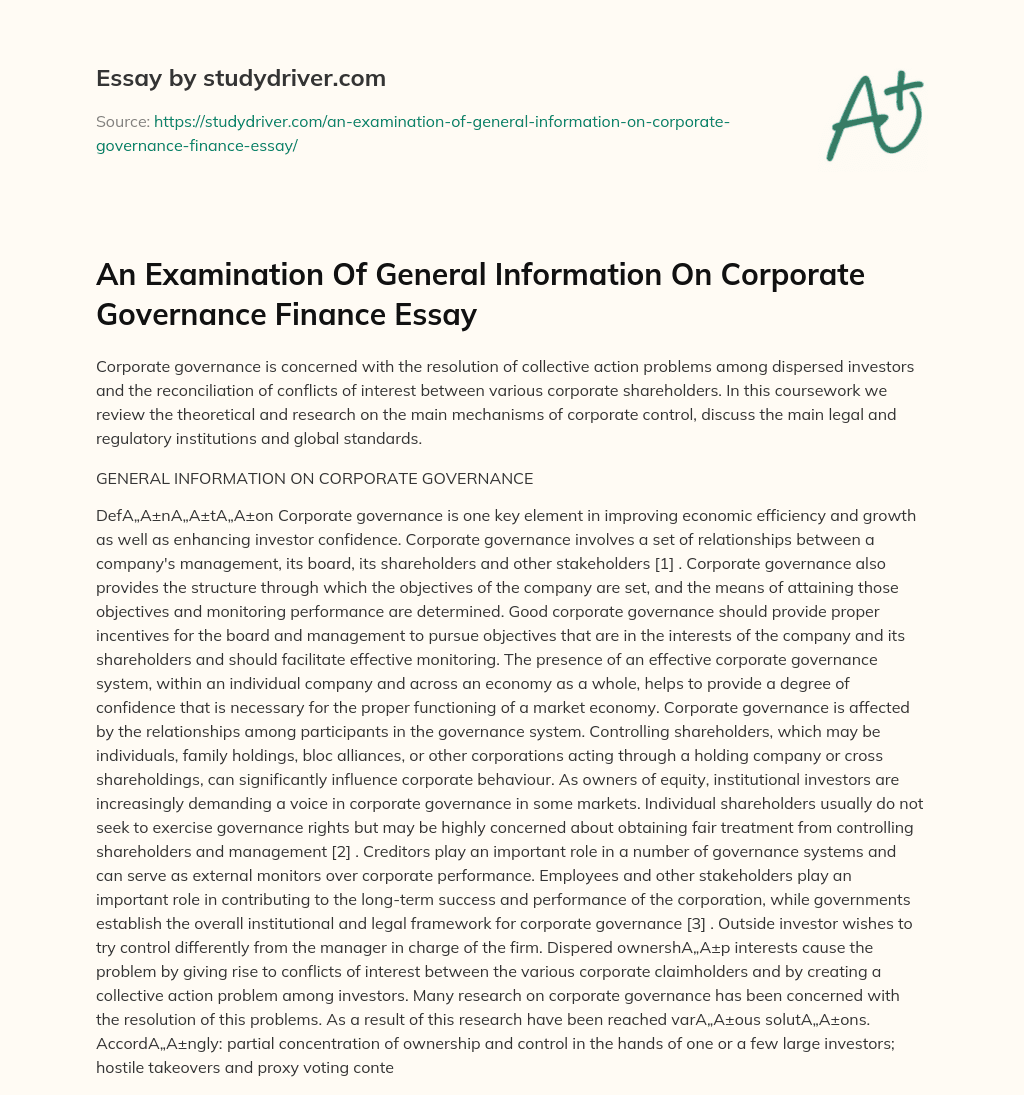 An Examination of General Information on Corporate Governance Finance Essay essay