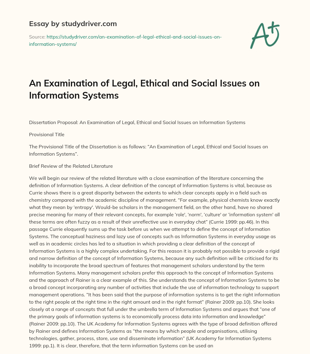 An Examination of Legal, Ethical and Social Issues on Information Systems essay