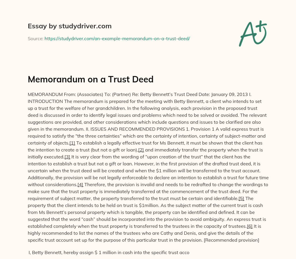 Memorandum on a Trust Deed essay