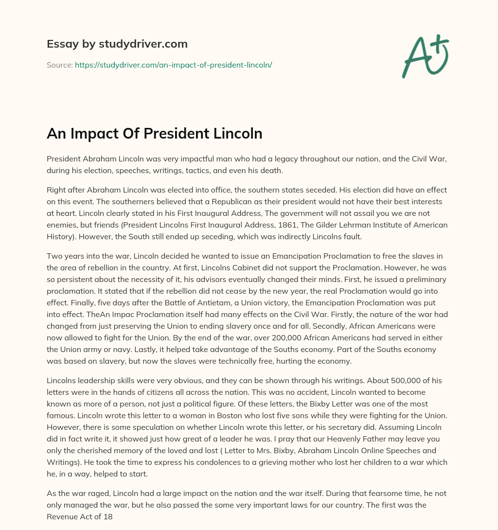 An Impact of President Lincoln essay