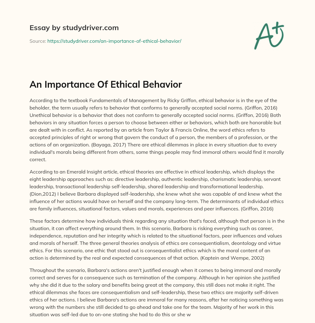An Importance of Ethical Behavior essay