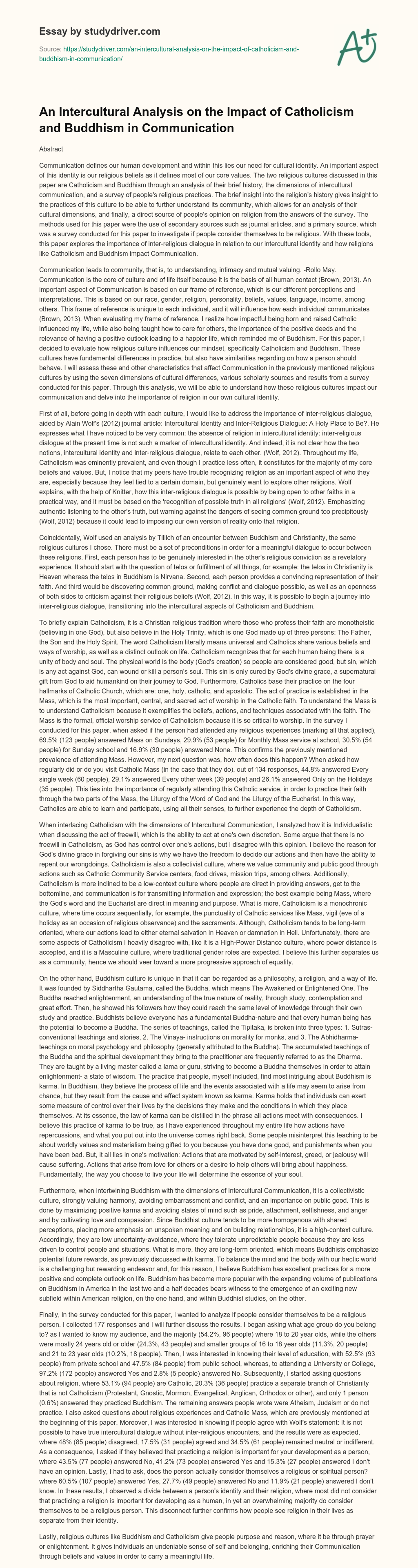 An Intercultural Analysis on the Impact of Catholicism and Buddhism in Communication essay
