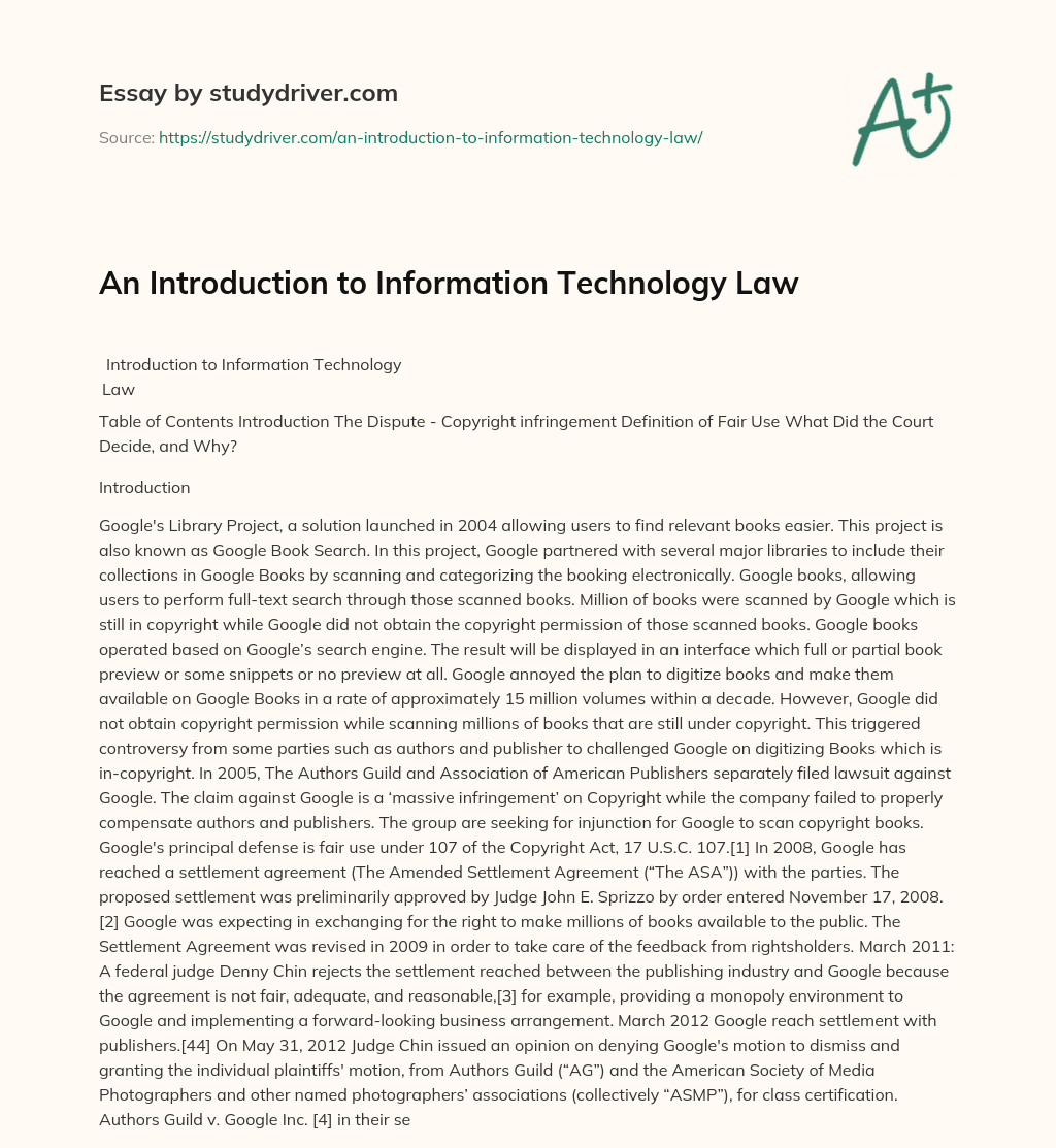 An Introduction to Information Technology Law essay