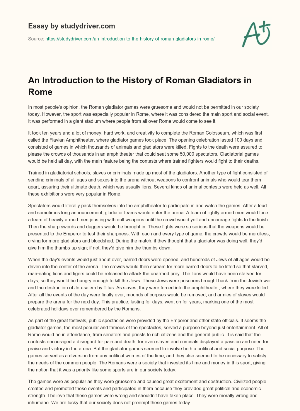 An Introduction to the History of Roman Gladiators in Rome essay