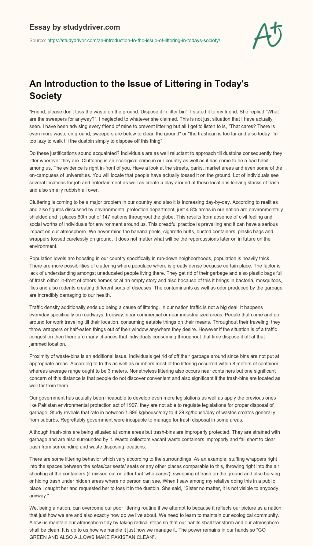 An Introduction to the Issue of Littering in Today’s Society essay