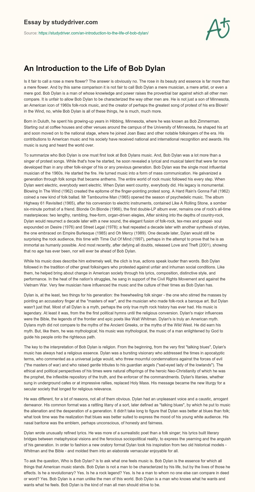An Introduction to the Life of Bob Dylan essay