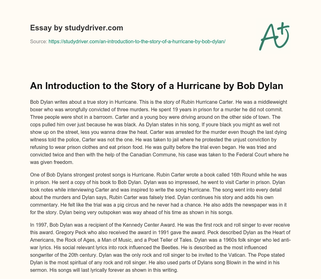 An Introduction to the Story of a Hurricane by Bob Dylan essay