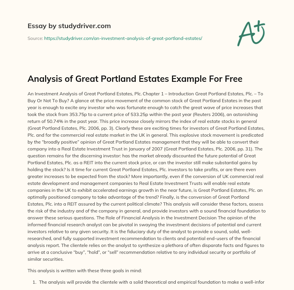 Analysis of Great Portland Estates Example for Free essay