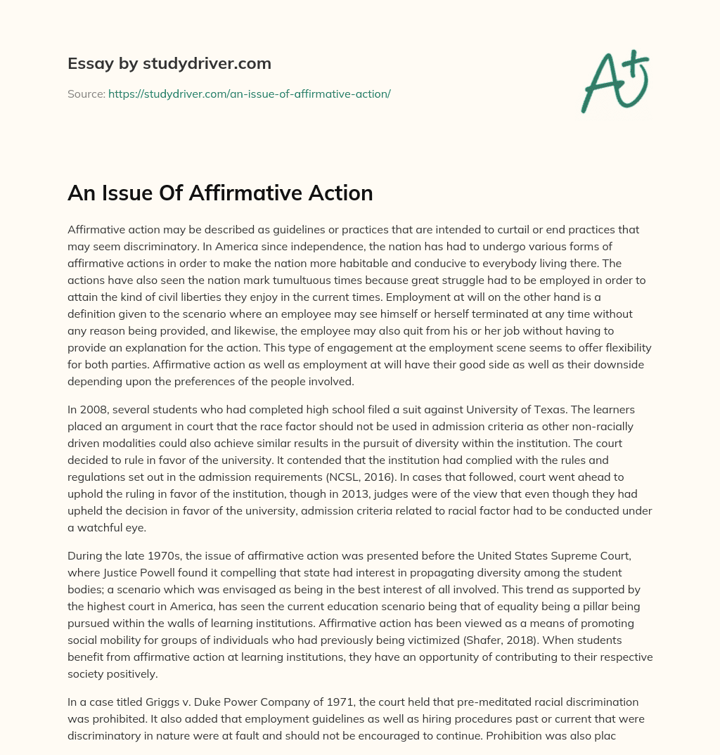 An Issue of Affirmative Action essay