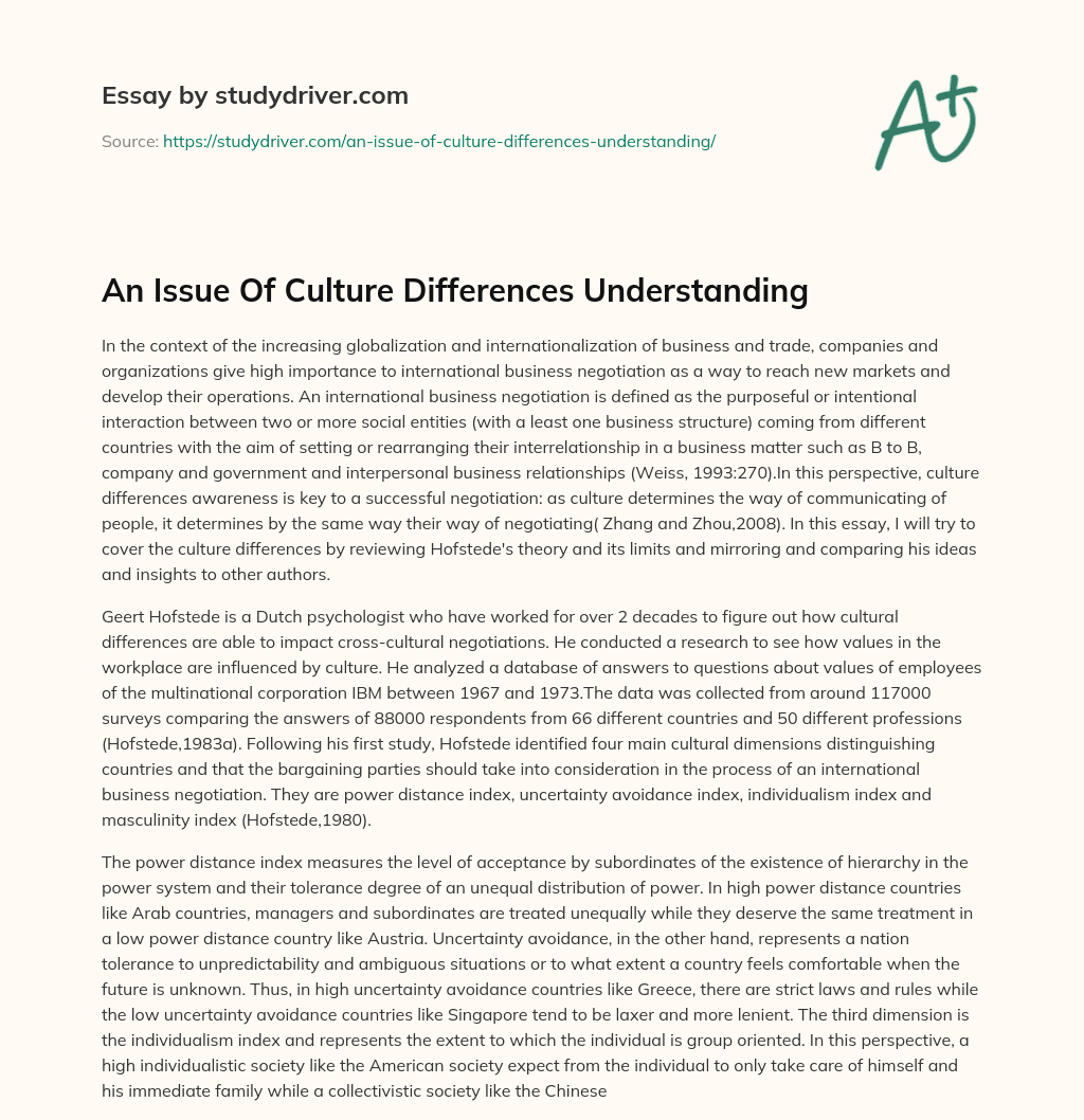 An Issue of Culture Differences Understanding essay