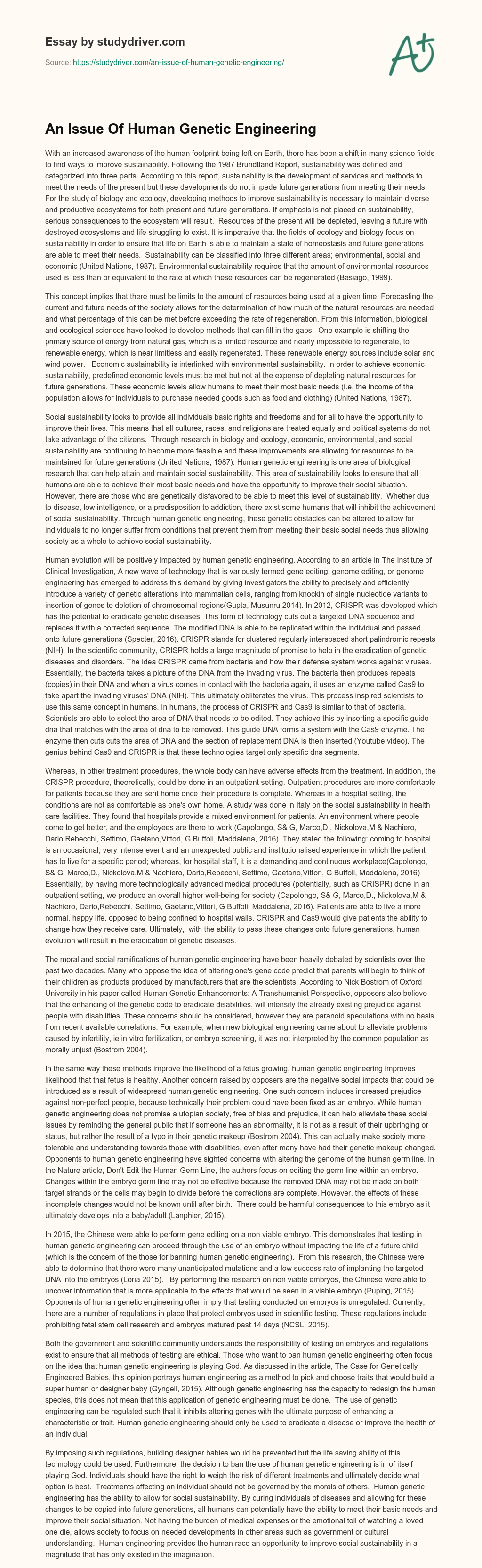 An Issue of Human Genetic Engineering essay