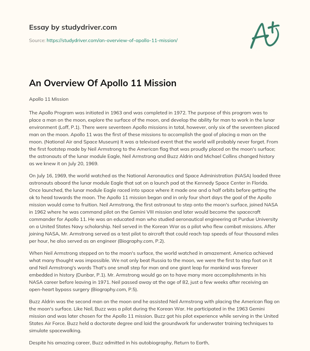 An Overview of Apollo 11 Mission essay