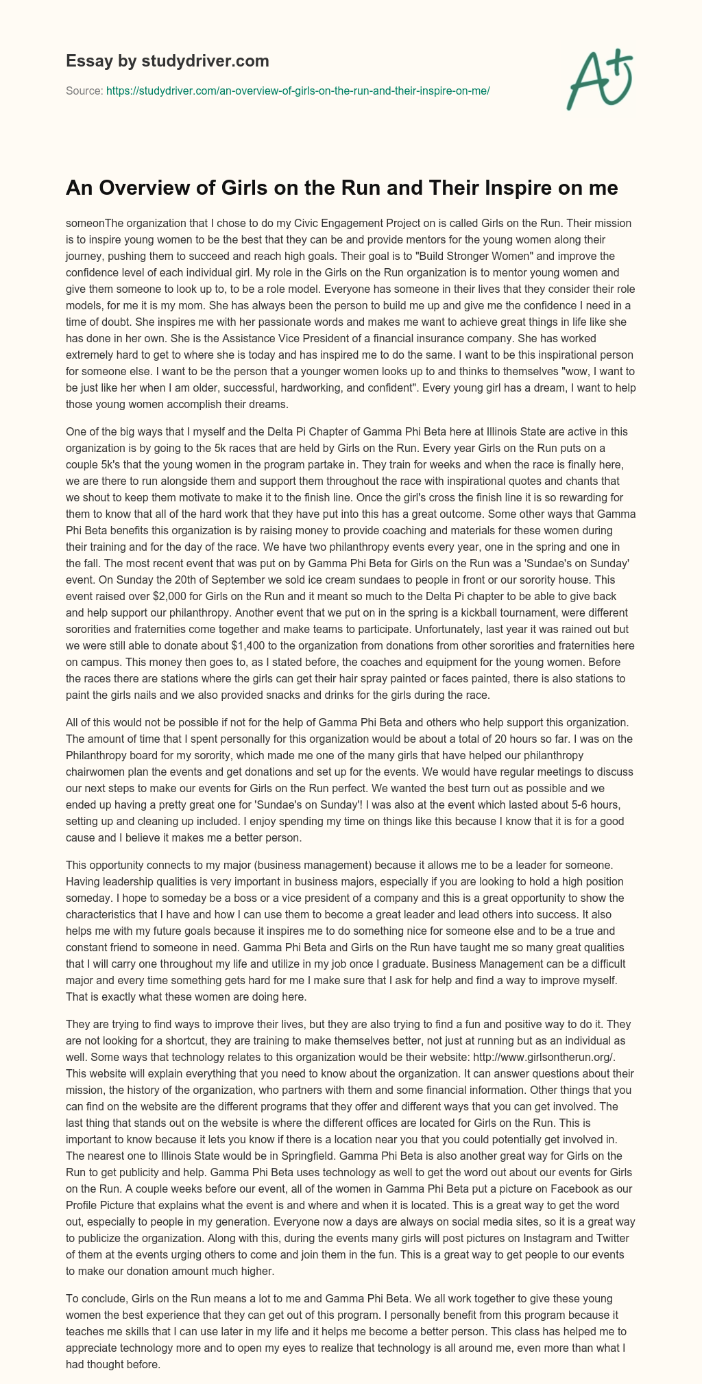 An Overview of Girls on the Run and their Inspire on me essay