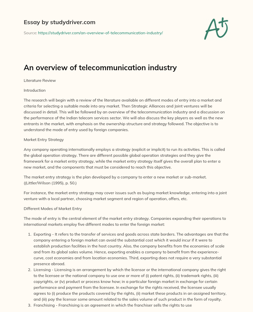 An Overview of Telecommunication Industry essay