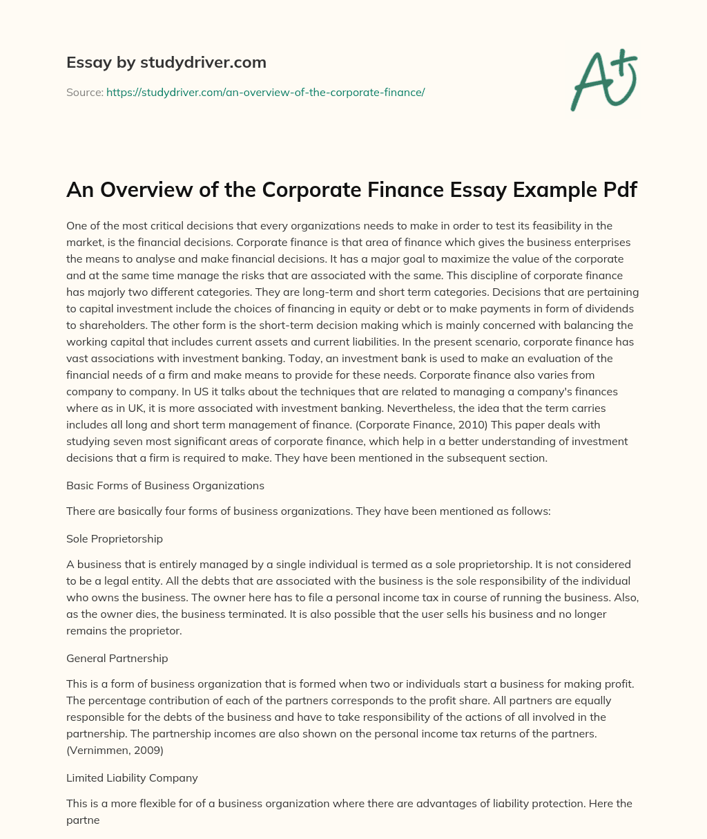 An Overview of the Corporate Finance Essay Example Pdf essay