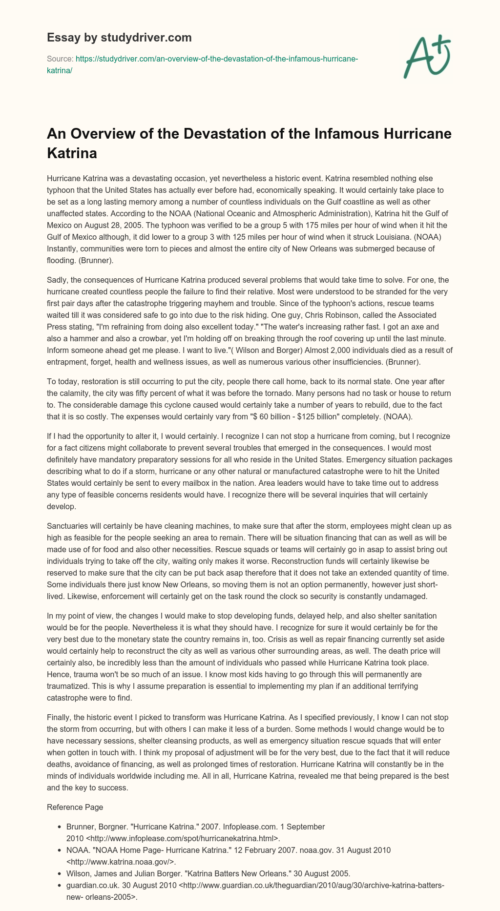 An Overview of the Devastation of the Infamous Hurricane Katrina essay
