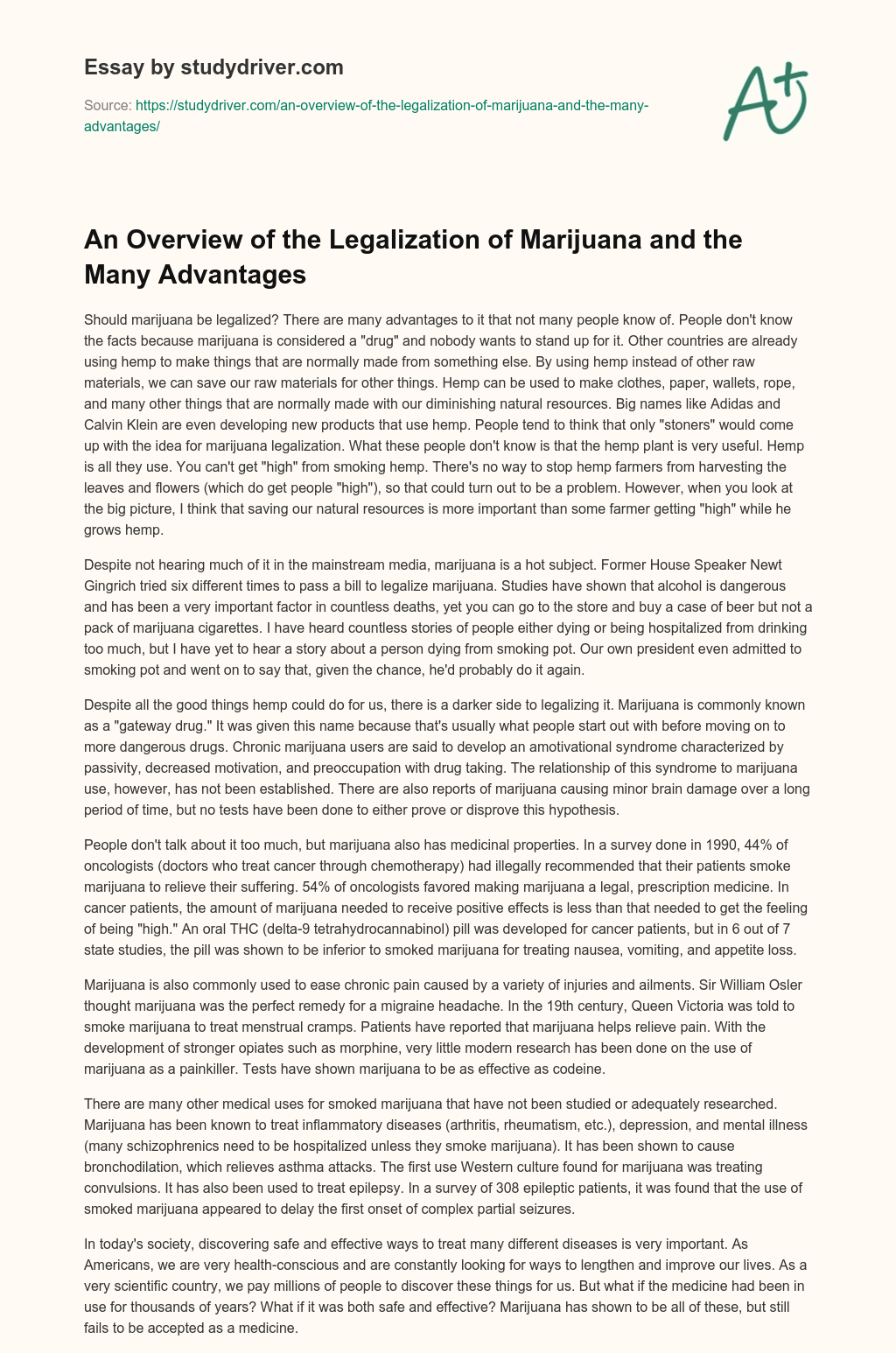 An Overview of the Legalization of Marijuana and the Many Advantages essay