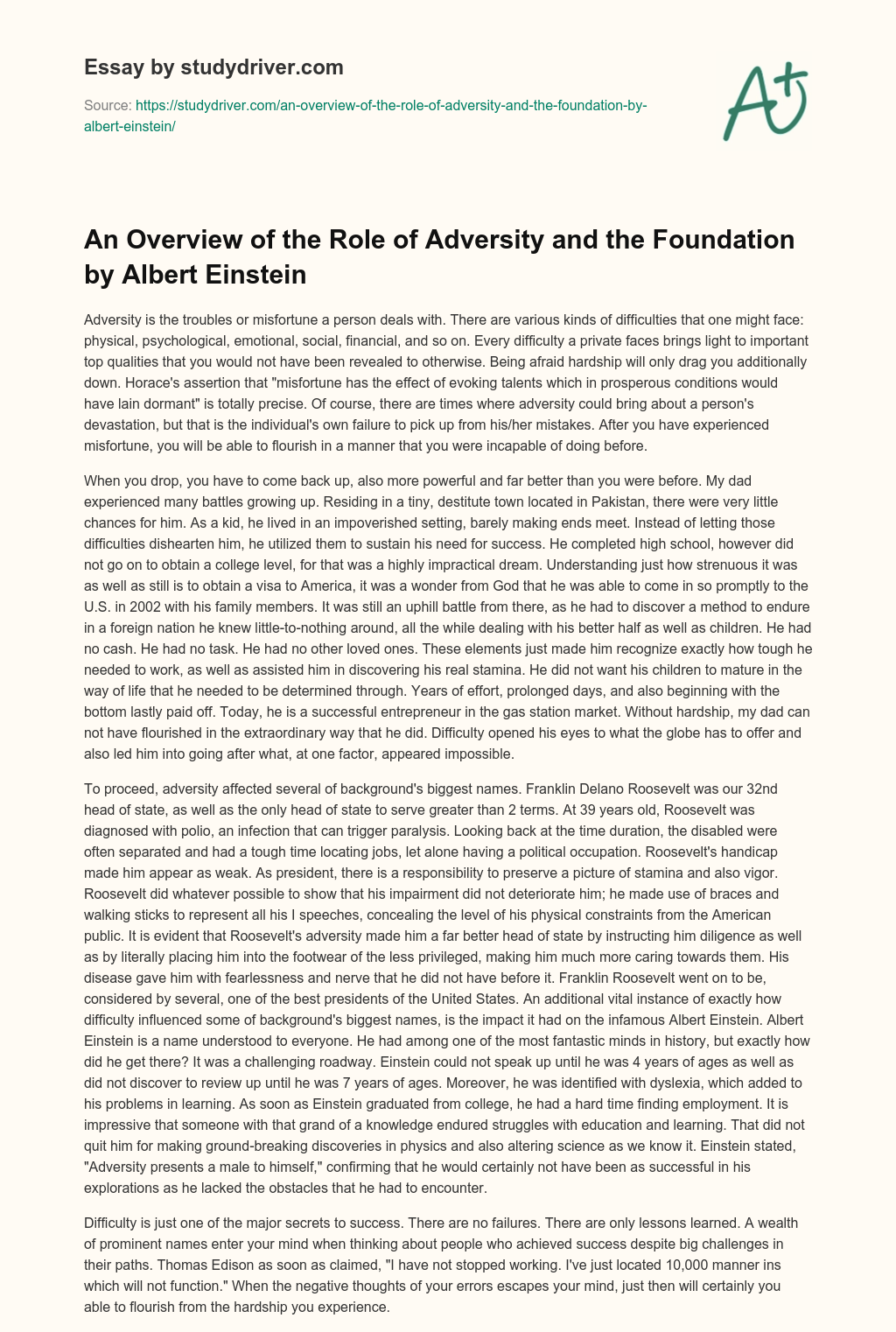 An Overview of the Role of Adversity and the Foundation by Albert Einstein essay