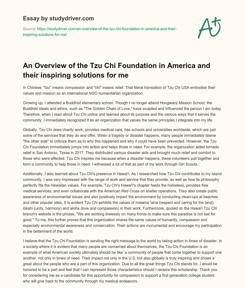 An Overview of the Tzu Chi Foundation in America and their Inspiring Solutions for me essay