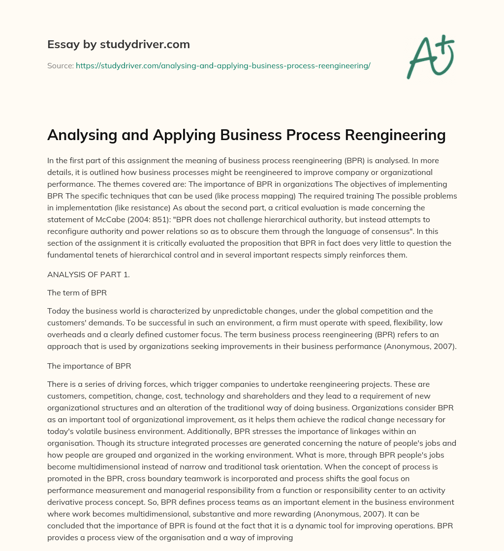 Analysing and Applying Business Process Reengineering essay