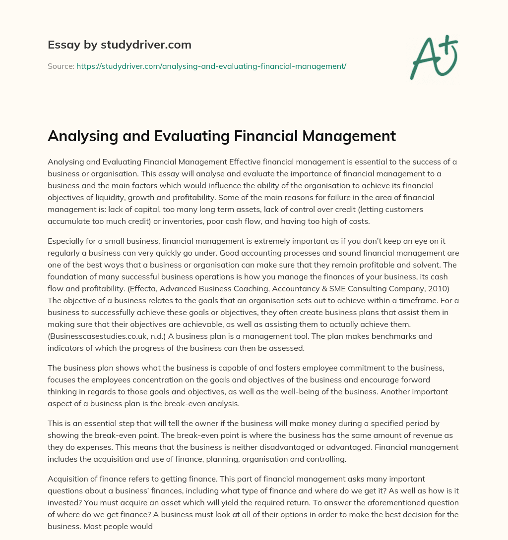 Analysing and Evaluating Financial Management essay