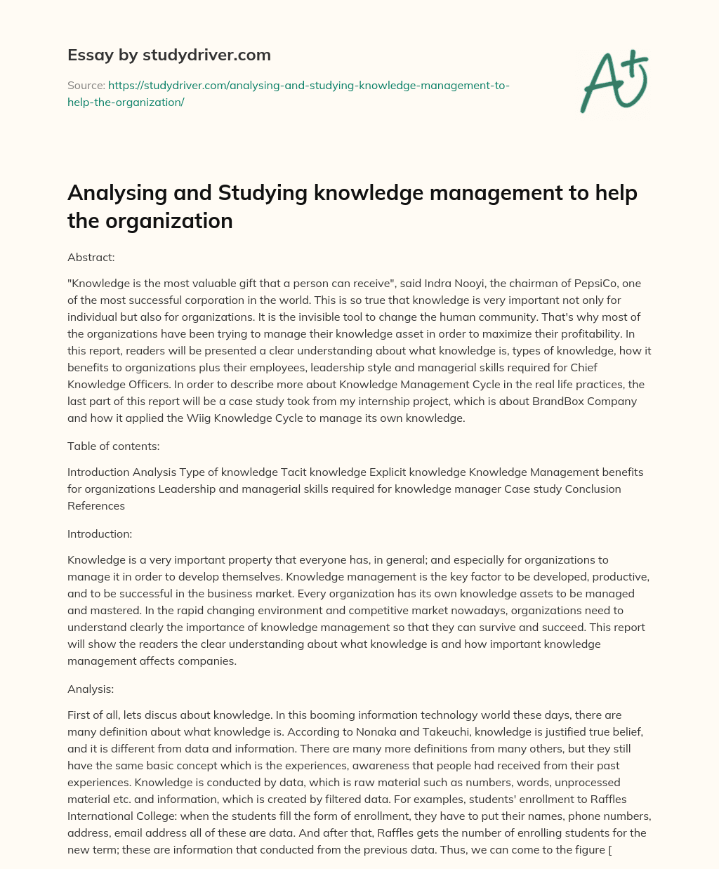 Analysing and Studying Knowledge Management to Help the Organization essay