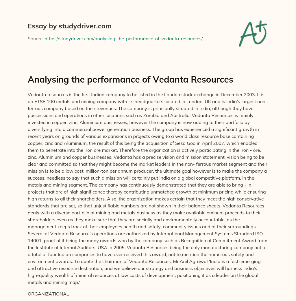 Analysing the Performance of Vedanta Resources essay