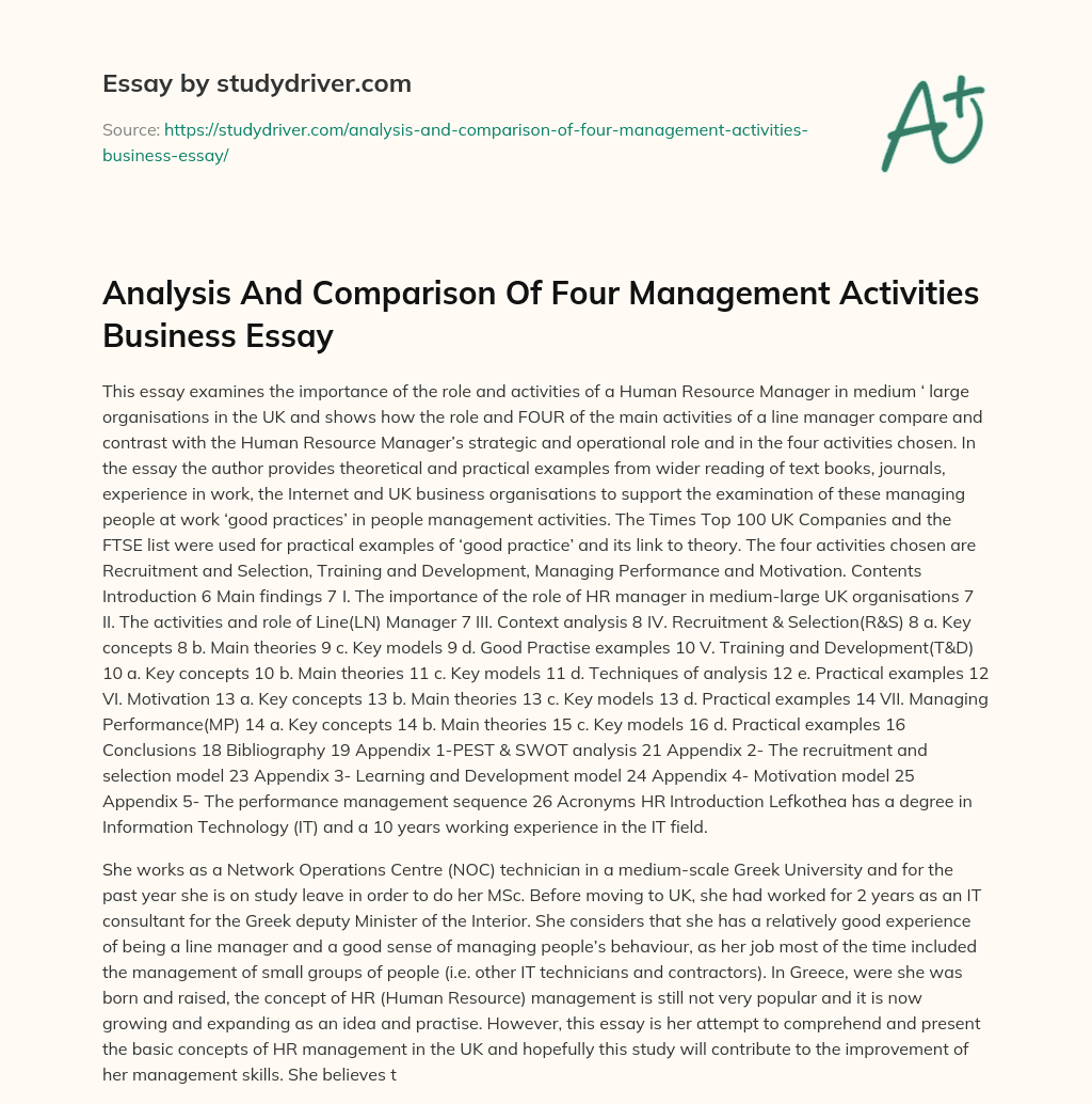 Analysis and Comparison of Four Management Activities Business Essay essay
