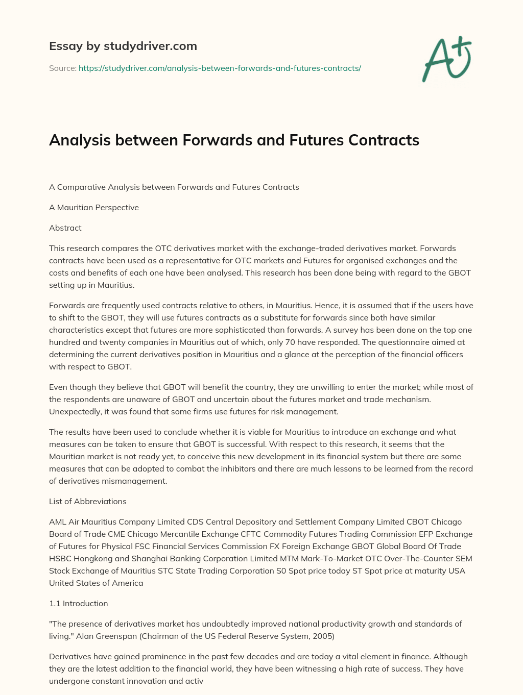 Analysis between Forwards and Futures Contracts essay